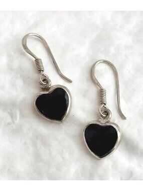 Black Onyx Heart Shaped Dangle Sterling Silver 925 Southwest Vintage Earrings
